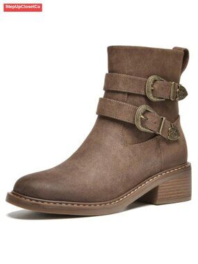 Women's Faux Leather Ankle Boots Double Buckle Block Heel Side Zip Round Toe